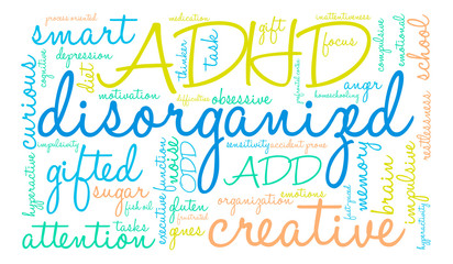Disorganized ADHD Word Cloud on a white background.