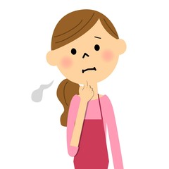 ため息をつくエプロンの女性 