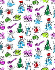 Christmas background. Snowmen and Christmas tree.  Illustration for a  wrapping paper,  wallpaper.  Season`s greeting handwritten calligraphy.  Seamless vector pattern..