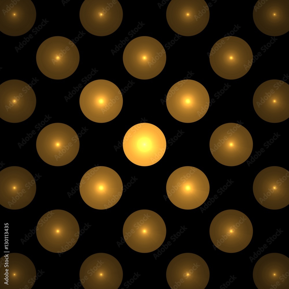 Poster yellow circles on a black background, abstract dark fractal computer generated image, background for