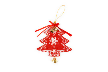 Winter, Christmas, New Year wooden decoration - red tree (pine tree/ spruce) with bells, prepared from solid wood. Isolated on white background. With cord. Wooden decor - spruce Top view. Closeup.