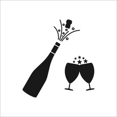 Champagne bottle explosion with cheering glasses symbol silhouette icon on background