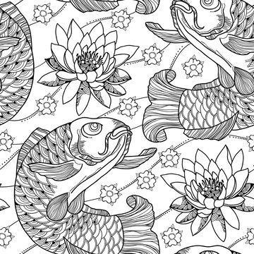 Vector seamless pattern with outline koi carp and lotus or water lily in black on the white background.  Japanese ornate fish and flower in contour style for coloring book. Background in linear art.