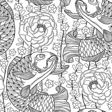 Vector seamless pattern with outline black koi carp and chrysanthemum or dahlia on the white background.  Japanese ornate fish and flower in contour style for coloring book. Background in linear art.