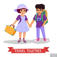 Traveling couple boy girl in love cartoon image flat illustration