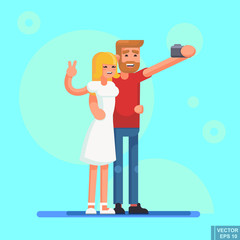 Young Loving Couple Making Selfie picture cartoon image flat illustration