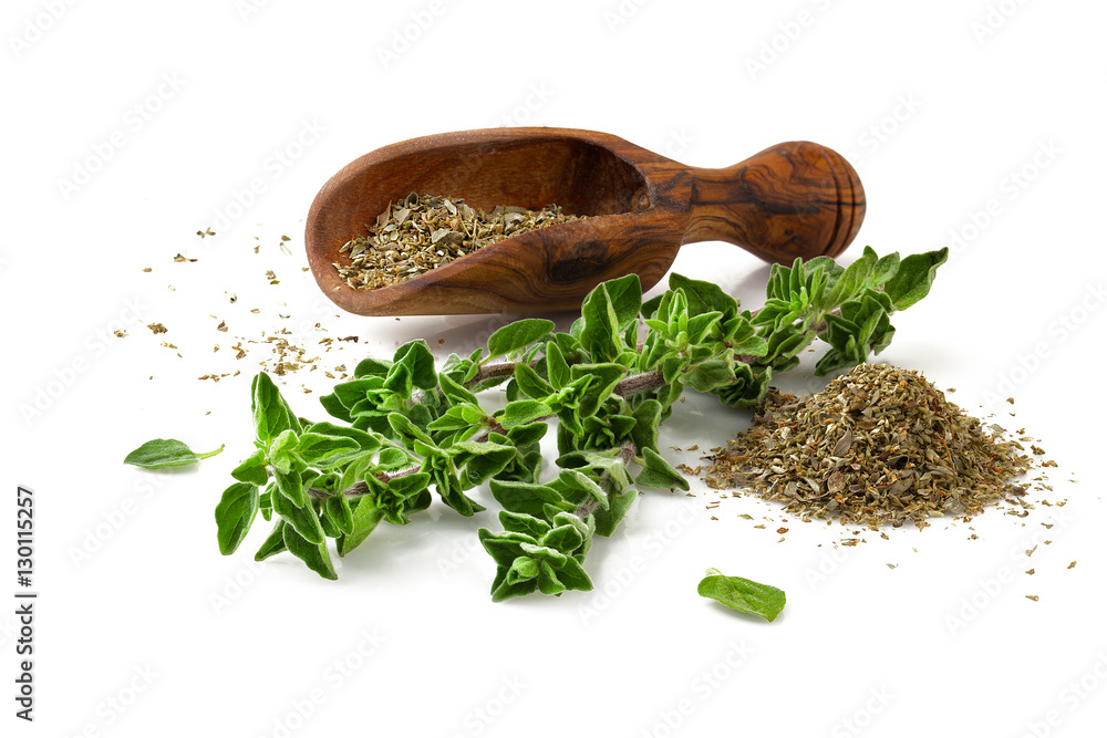 Wall mural Fresh sprig of oregano and dry oregano spice on white background