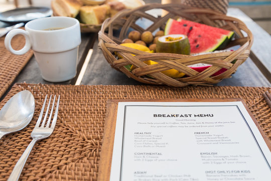 Breakfast menu with fruit basket