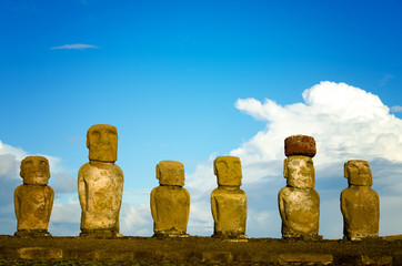 View of six Moai on Easter Island in Chile