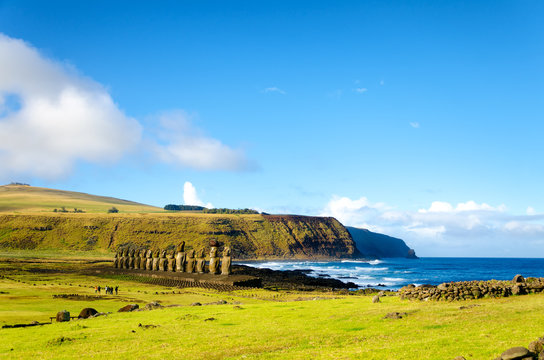 Moai with their backs to the ocean at Ahu Tongariki on Easter Island in Chile