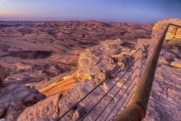 Golden Hour as sun rises over the Ramon Crater in the Negev Desert in Israel