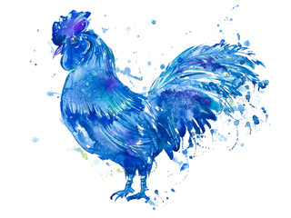 Postcard with blue rooster and blotch.Sketch.Symbol of the new year 2017.Watercolor hand drawn illustration.White background.