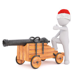 3d toon character in Santa hat with retro cannon