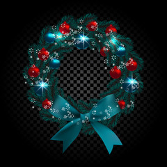 Blue tree branch in the form of a Christmas wreath and snowflakes. Red, green balls checker gradient background. illustration