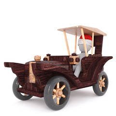 3d man driving a wooden toy vintage car