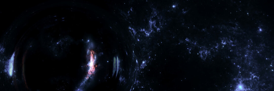 black hole with gravitational lens effect in front of a star field  (3d illustration, Elements of this image are furnished by NASA)