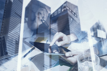 Closeup view of female hands touching screen electronic tablet.Concept business people using mobile...