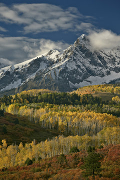 Mears Peak with snow and yellow aspens in the fall, Uncompahgre National Forest, Colorado