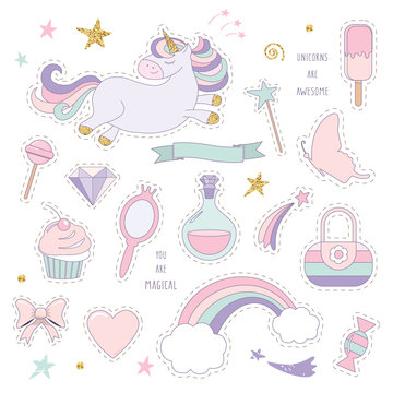 Unicorn magic set with rainbow, stars and sweets.