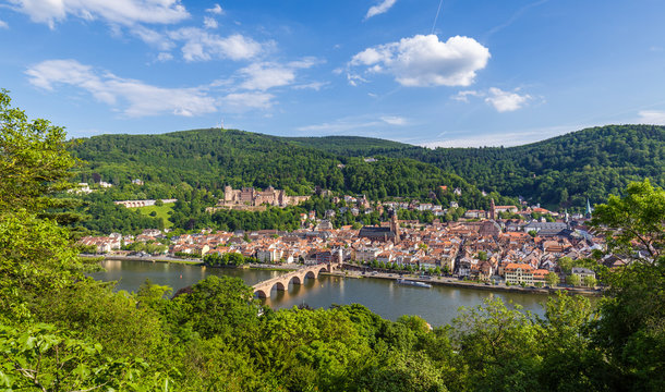Heidelberg in Summer with a view on the castle, the Church of the Holy Spirit (Heiliggeistkirche) and the old bridge, shot from Philosophenweg.