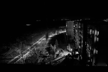  Night town look from the roof. Black and white night city