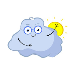 Funny cloud character with sun. Cartoon vector illustration for weather forecast.