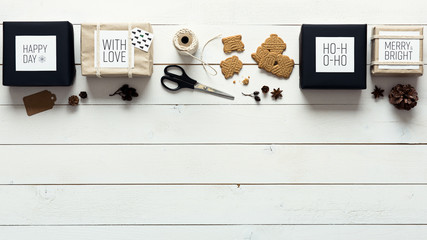 Retro christmas, wrapping station desk view from above, DIY xmas concept