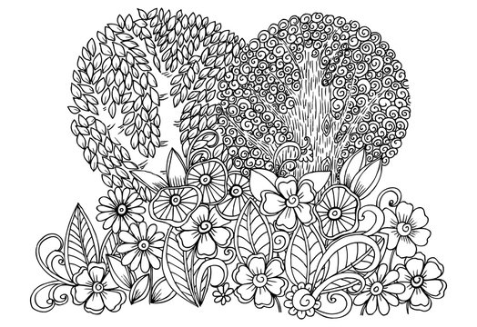 Doodle drawing. Vector floral image with trees in black and whit