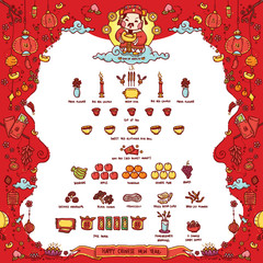 Vector Illustration of Chinese God of Wealth "Tsai Shen Yeh" Worshiped Offering Sacrifices On Chinese New Year. The Chinese text means "Good Fortune". Doodle Style.
