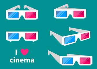 3D glasses isolated on a colored background vector illustration. Design white 3D glasses for movies. 3D glasses icon concept.