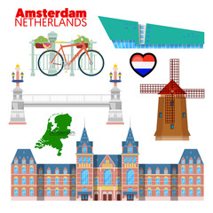 Fototapeta premium Amsterdam Netherlands Travel Doodle with Amsterdam Architecture, Bicycle and Flag. Vector illustration