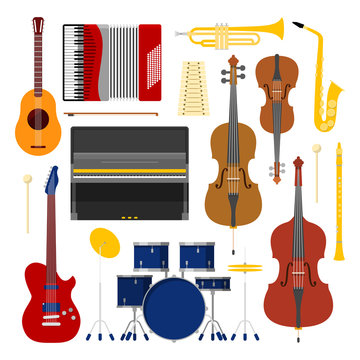 Music Instruments Set Icons Collection with Drum; Violin and Accordion. Vector illustration