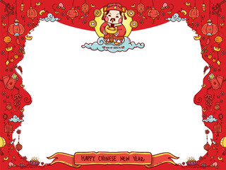 Vector Illustration of Chinese God of Wealth "Tsai Shen Yeh" for Chinese New Year Greeting Card  with Copy space. The Chinese text means "Good Fortune". Doodle Style
