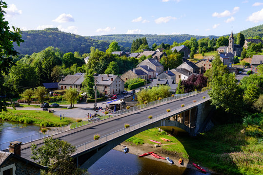 Ardennes. Panorama view on the village of Membre near Bohan with bridge across the Semois river. Ardennes, Belgium.