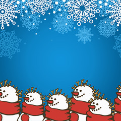 Winter Holiday Seamless border wits snowman in a red scarf and white snowflakes on blue background