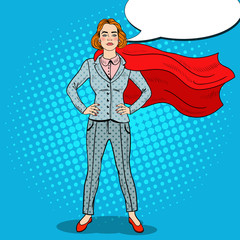 Pop Art Confident Business Woman Super Hero in Suit with Red Cape. Vector illustration