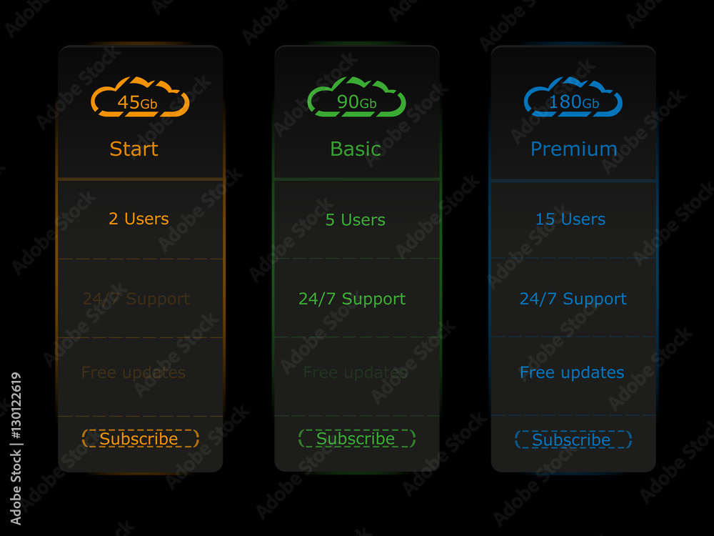Aufkleber three banner for the tariffs and price lists. web elements. plan hosting. vector design for web app.