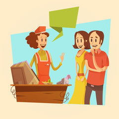 Saleswoman And Customers Retro Illustration 