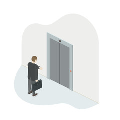 Businessman looks at wrist watch and waiting for a lift. Elevator with closed doors. Isometric vector illustration.
