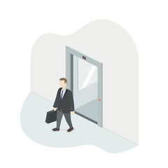 Businessman leaves the lift. Isometric vector illustration.