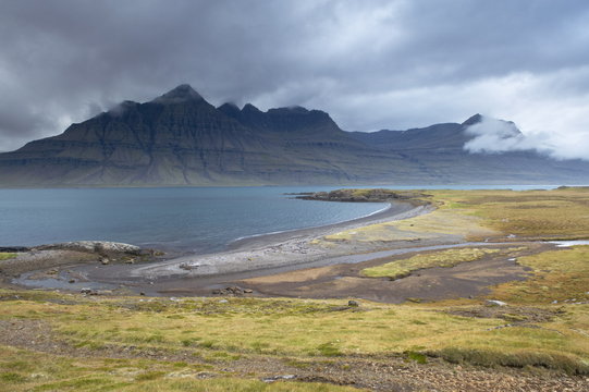 Mount Bulandstindur, 1069m, pyramid shaped stack of basaltic strata, in Berufjordur, East Fjords, Iceland