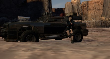 Female Survivor In A Desert Canyon With Hot Rod 3D Rendering