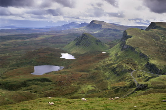 Slopes of the Quiraing, a geological wonder, its distinctive features resulting from landslips of basalt lavas upon softer sedimentary rocks beneath, northeast coast of Trotternish Peninsula, Isle of Skye, Inner Hebrides, Scotland