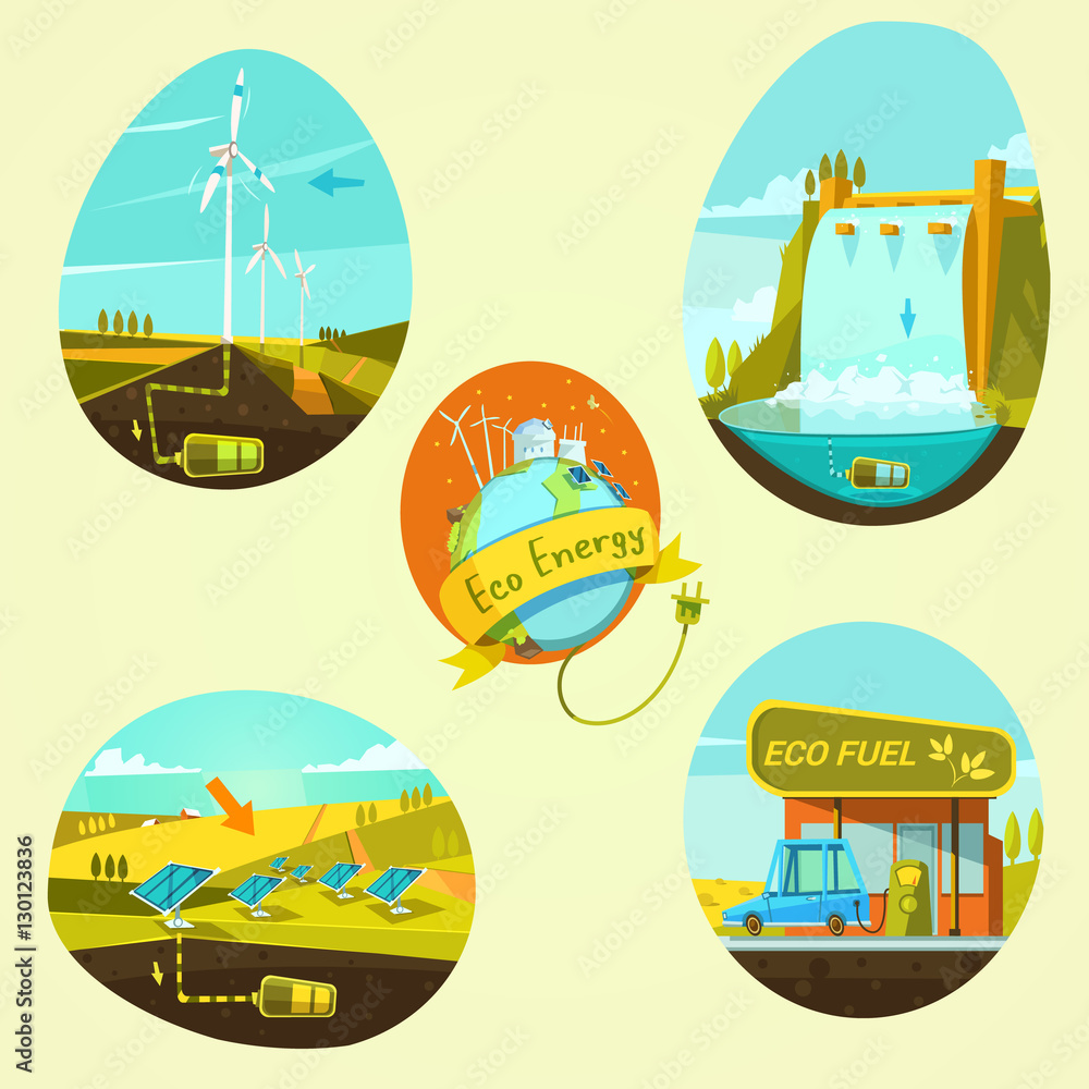 Sticker ecological energy cartoon set