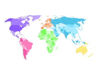Fototapeta na wymiar Blank simplified political map of world with different colors of each continent - North America, South America, Europe, Africa, Asia and Australia. Vector illustration