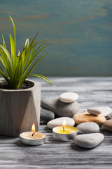 Obraz na płótnie Canvas Aroma candles, pebbles and succulent