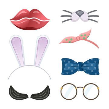 Cartoon style accessories (mustache, glasses, lips, cat mustache, bow tie, bunny ears). Vector illustration.