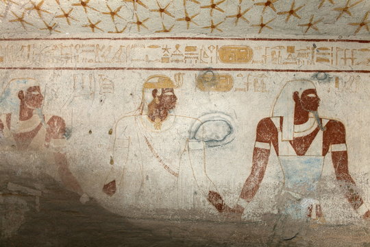 Wall paintings in the tomb of King Tanwetamani, show the ancient Kushite king being led to his burial, part of the royal cemetery, El Kurru, Sudan