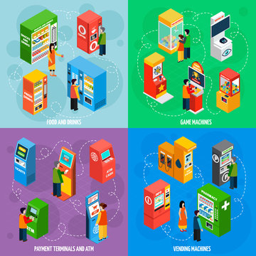  Vending Games Machines Isometric Icons Square 