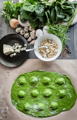 chef step by step, preparing a green ravioli